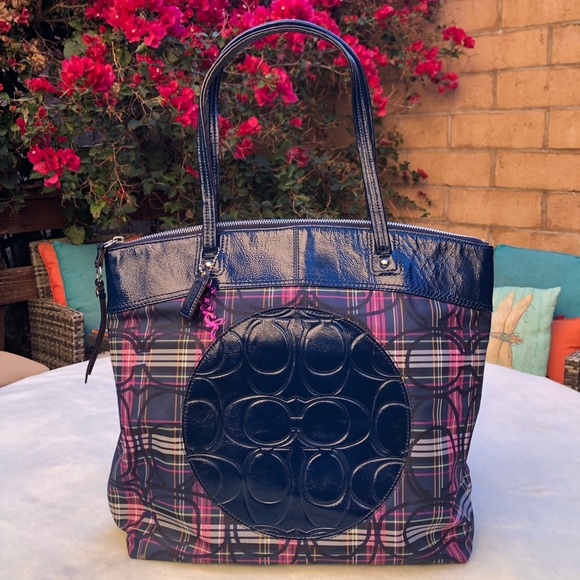Coach Laura Signature Blue Plaid Multicolor Tartan Canvas Leather Tote Bag - Picture 7 of 12